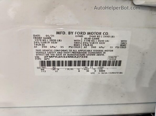 2FMPK4K92MBA27339 2021 FORD EDGE Белый Вид наклейки с VIN-кодом