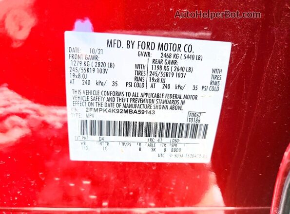 2FMPK4K92MBA59143 2021 FORD EDGE Red Շարժիչի բաժամունքի տեսք