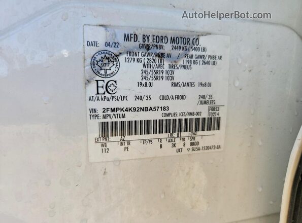 2FMPK4K92NBA57183 2022 FORD EDGE White Շարժիչի բաժամունքի տեսք