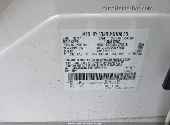 2FMPK4K93HBC21156 2017 FORD EDGE White Widok komory silnika