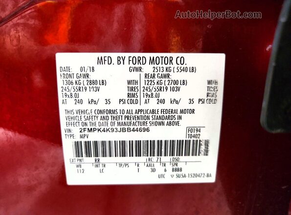 2FMPK4K93JBB44696 2018 FORD EDGE Burgundy Vista de la etiqueta del VIN