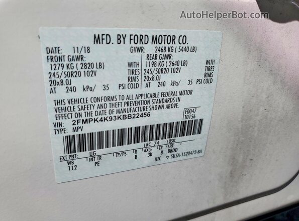 2FMPK4K93KBB22456 2019 FORD EDGE White Widok wnętrza 360 stopni
