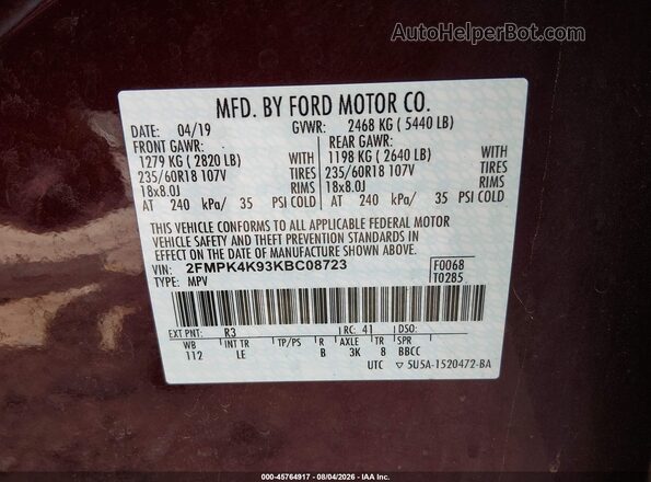 2FMPK4K93KBC08723 2019 FORD EDGE Burgundy Widok komory silnika