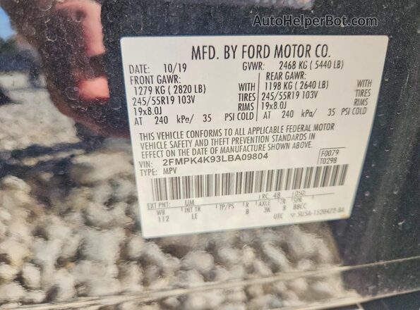 2FMPK4K93LBA09804 2020 FORD EDGE Black Панорамний вид салону 360°