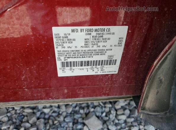 2FMPK4K93LBA11472 2020 FORD EDGE Maroon Widok naklejki z numerem VIN