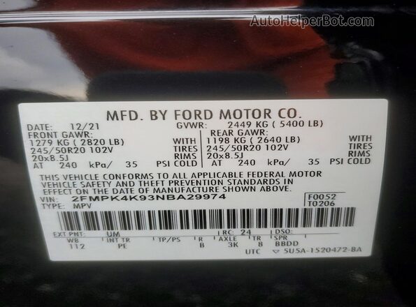 2FMPK4K93NBA29974 2022 FORD EDGE Black Вид наклейки з VIN-кодом