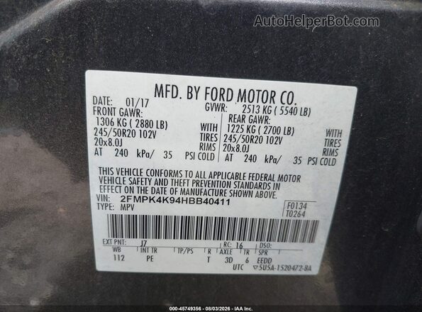 2FMPK4K94HBB40411 2017 FORD EDGE Gray Շարժիչի բաժամունքի տեսք