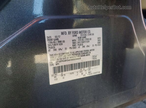 2FMPK4K94HBB59458 2017 FORD EDGE Charcoal Vista de la etiqueta del VIN
