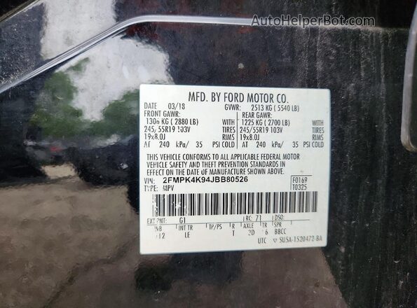 2FMPK4K94JBB80526 2018 FORD EDGE Black VIN sticker view