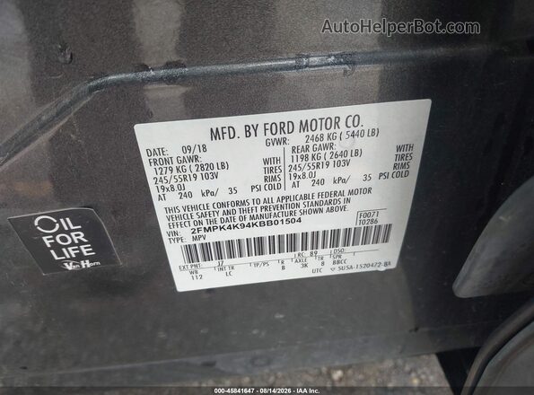 2FMPK4K94KBB01504 2019 FORD EDGE Gray Vista del compartimento del motor