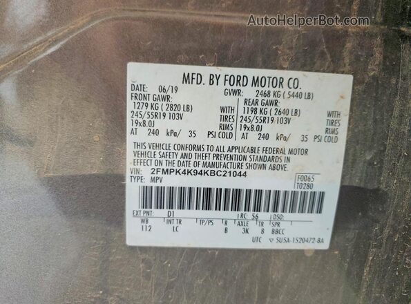 2FMPK4K94KBC21044 2019 FORD EDGE Gray VIN კოდის სტიკერის ხედი