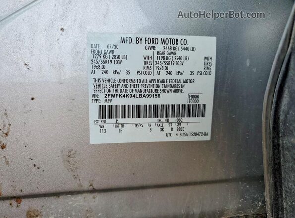 2FMPK4K94LBA99156 2020 FORD EDGE Silver Widok naklejki z numerem VIN