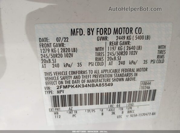 2FMPK4K94NBA85549 2022 FORD EDGE White Vista del compartimento del motor