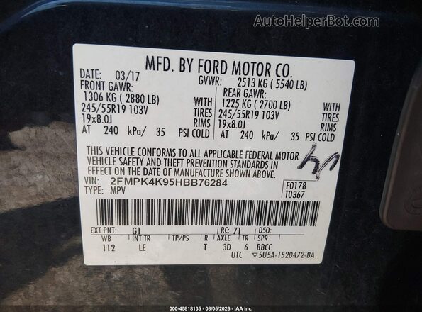 2FMPK4K95HBB76284 2017 FORD EDGE Black Widok komory silnika
