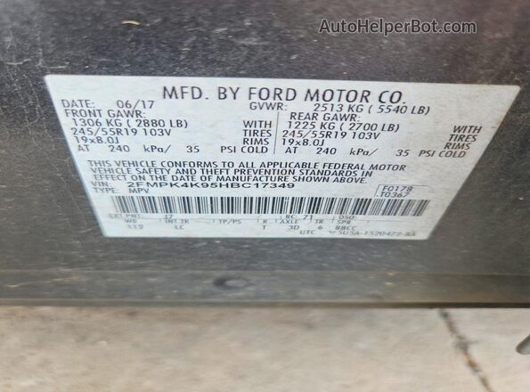 2FMPK4K95HBC17349 2017 FORD EDGE Gray Widok naklejki z numerem VIN