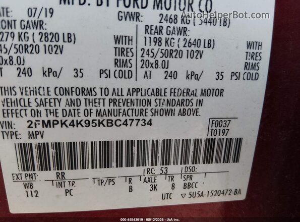 2FMPK4K95KBC47734 2019 FORD EDGE Burgundy Շարժիչի բաժամունքի տեսք