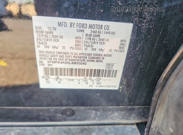 2FMPK4K95LBB53242 2020 FORD EDGE Black Vista de la etiqueta del VIN