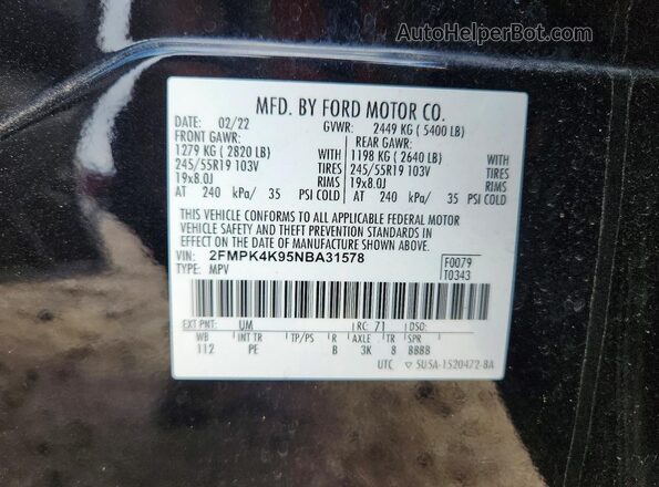 2FMPK4K95NBA31578 2022 FORD EDGE Black Панорамний вид салону 360°
