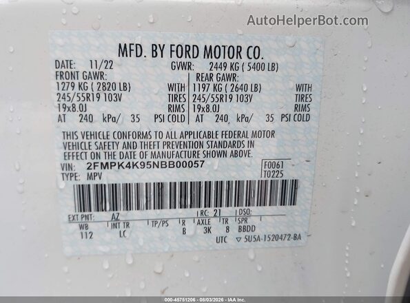2FMPK4K95NBB00057 2022 FORD EDGE White Vista del compartimento del motor