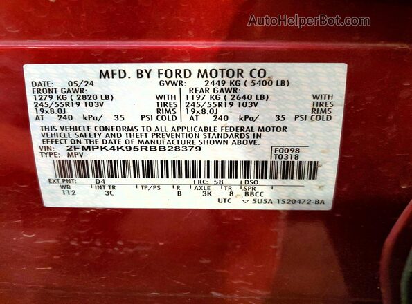 2FMPK4K95RBB28379 2024 FORD EDGE Red VIN კოდის სტიკერის ხედი