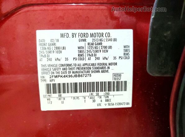 2FMPK4K96JBB67275 2018 FORD EDGE Red Widok naklejki z numerem VIN