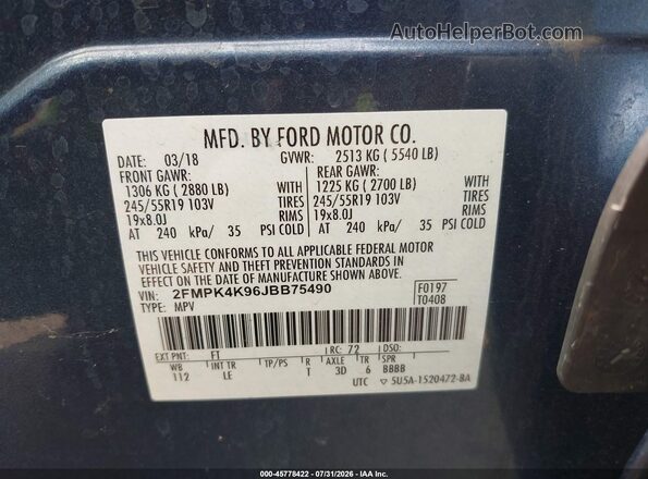 2FMPK4K96JBB75490 2018 FORD EDGE Blue Widok komory silnika