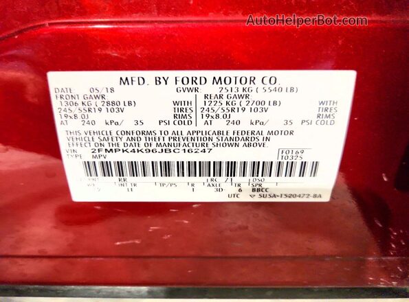 2FMPK4K96JBC16247 2018 FORD EDGE Burgundy Vista de la etiqueta del VIN