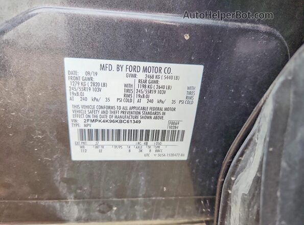 2FMPK4K96KBC61349 2019 FORD EDGE Gray Widok naklejki z numerem VIN