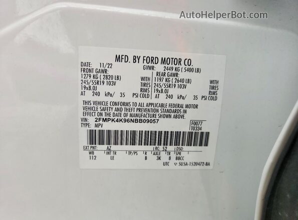 2FMPK4K96NBB09057 2022 FORD EDGE Белый Вид наклейки с VIN-кодом