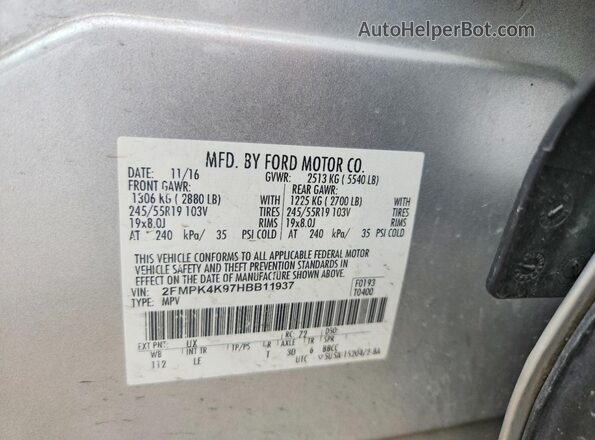 2FMPK4K97HBB11937 2017 FORD EDGE Silver Widok naklejki z numerem VIN