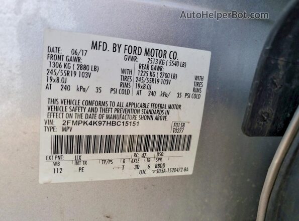 2FMPK4K97HBC15151 2017 FORD EDGE Silver VIN sticker view