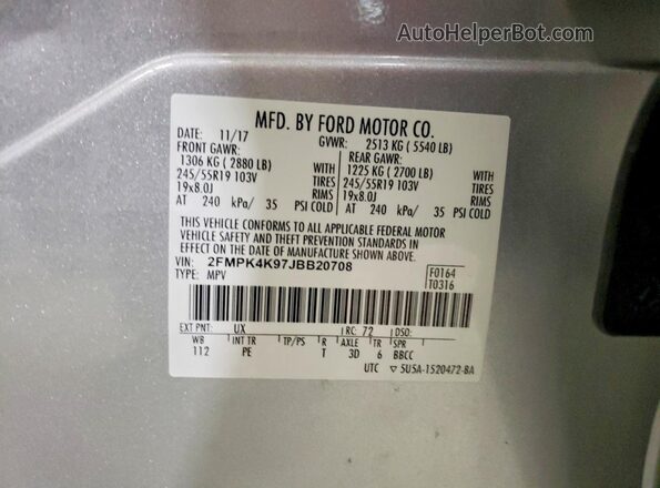 2FMPK4K97JBB20708 2018 FORD EDGE Silver VIN კოდის სტიკერის ხედი