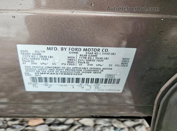 2FMPK4K97KBB93255 2019 FORD EDGE Зеленый Вид наклейки с VIN-кодом