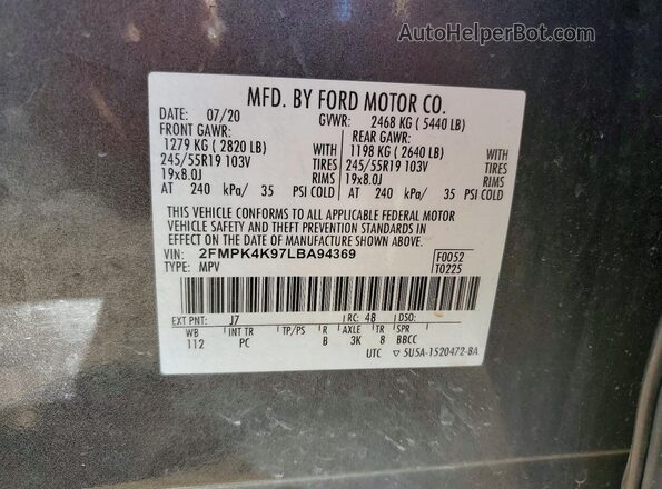 2FMPK4K97LBA94369 2020 FORD EDGE Gray Widok naklejki z numerem VIN