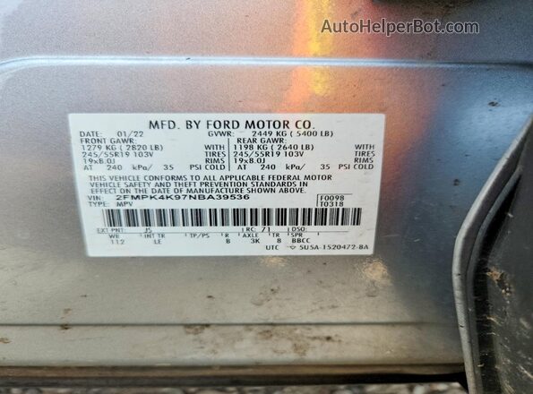 2FMPK4K97NBA39536 2022 FORD EDGE Silver 360 interior view