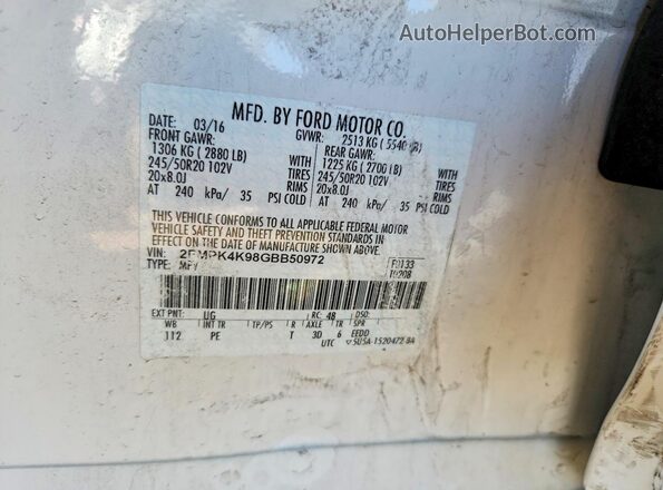 2FMPK4K98GBB50972 2016 FORD EDGE White Vista de la etiqueta del VIN