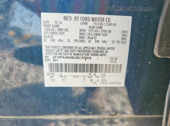 2FMPK4K98GBC57004 2016 FORD EDGE Blue Вид наклейки з VIN-кодом