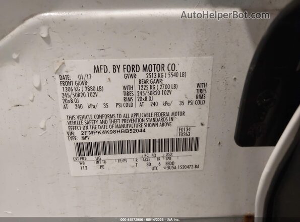 2FMPK4K98HBB52044 2017 FORD EDGE White Вид підкапотного простору