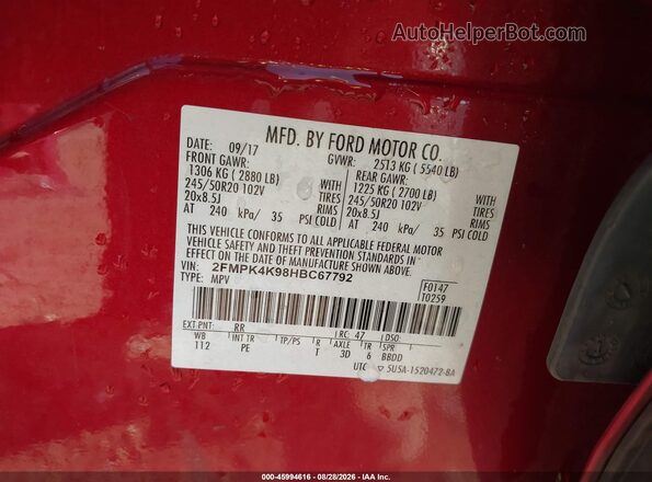 2FMPK4K98HBC67792 2017 FORD EDGE Red Շարժիչի բաժամունքի տեսք
