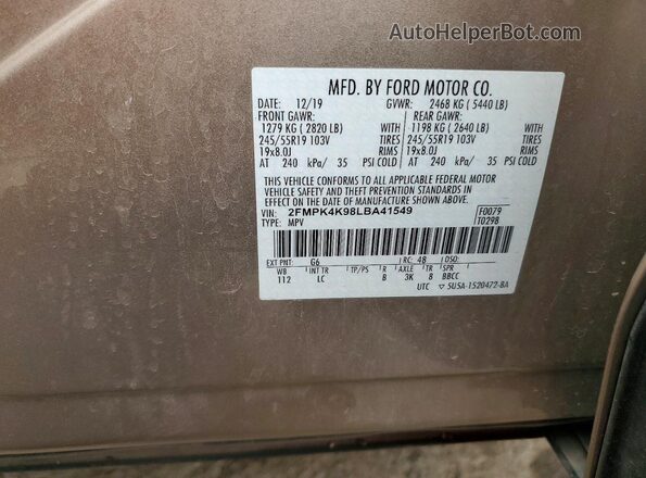 2FMPK4K98LBA41549 2020 FORD EDGE Gold Вид наклейки з VIN-кодом