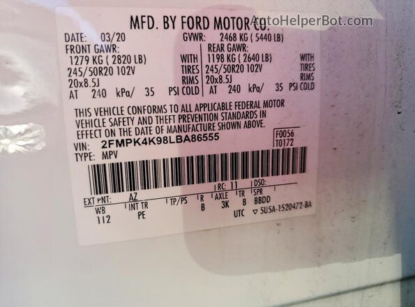 2FMPK4K98LBA86555 2020 FORD EDGE White VIN კოდის სტიკერის ხედი