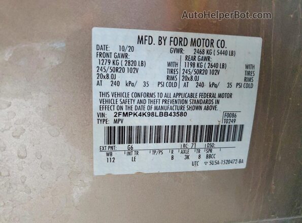 2FMPK4K98LBB43580 2020 FORD EDGE Gold 