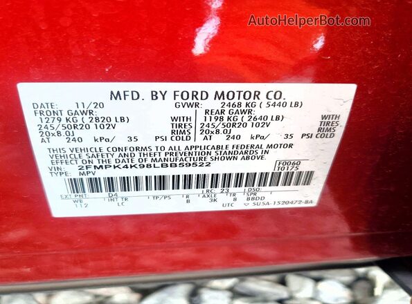 2FMPK4K98LBB59522 2020 FORD EDGE Red Вид наклейки з VIN-кодом