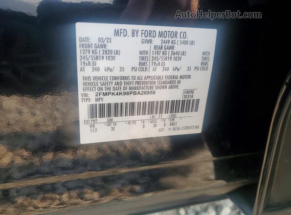 2FMPK4K98PBA26958 2023 FORD EDGE Black Widok naklejki z numerem VIN