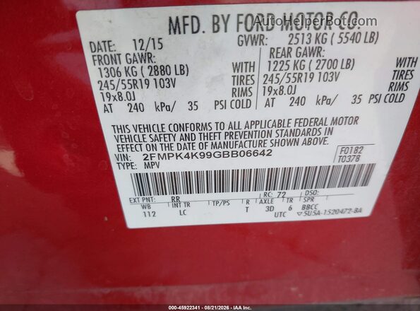 2FMPK4K99GBB06642 2016 FORD EDGE Red Вид підкапотного простору