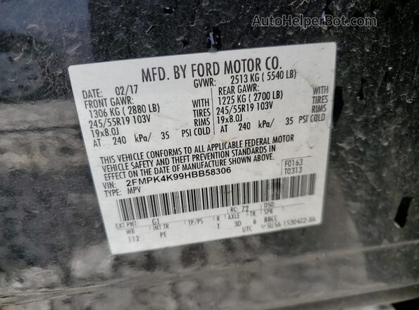 2FMPK4K99HBB58306 2017 FORD EDGE Black Widok wnętrza 360 stopni