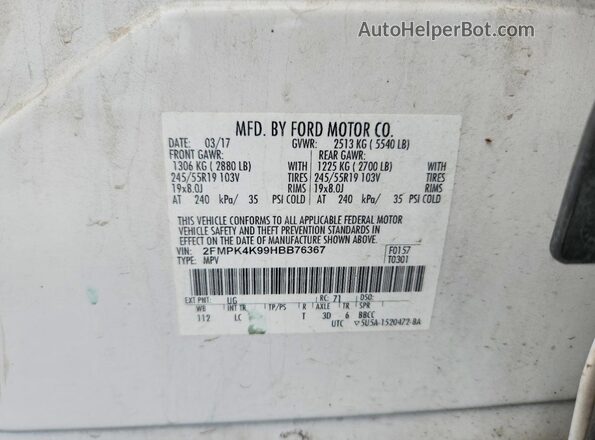 2FMPK4K99HBB76367 2017 FORD EDGE White Շարժիչի բաժամունքի տեսք