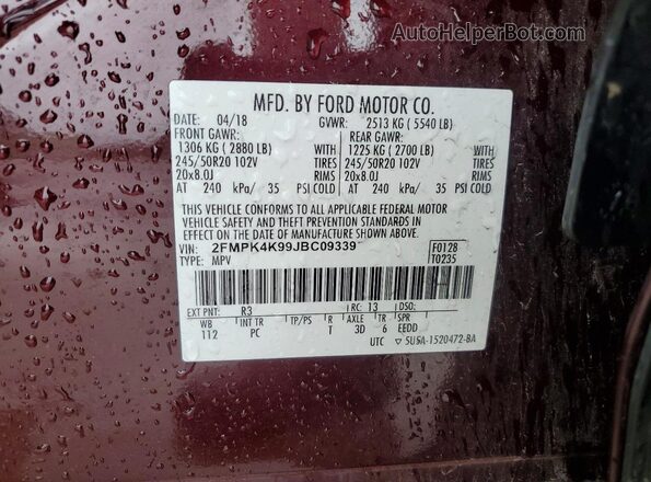 2FMPK4K99JBC09339 2018 FORD EDGE Burgundy Widok wnętrza 360 stopni