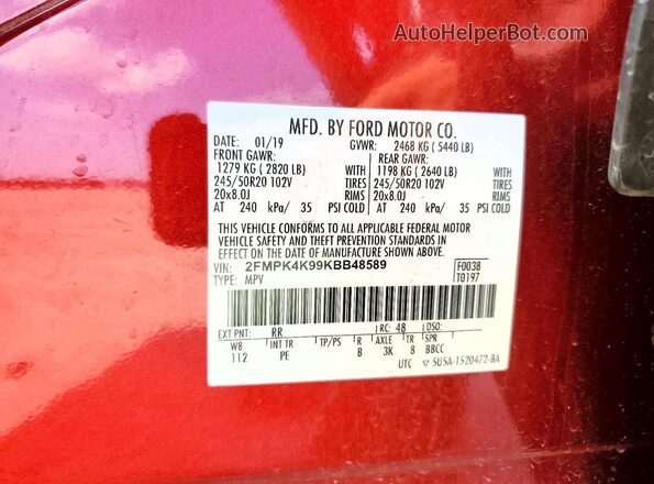 2FMPK4K99KBB48589 2019 FORD EDGE Red სალონის 360-გრადუსიანი ხედი