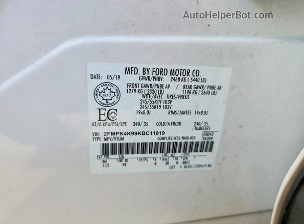 2FMPK4K99KBC11819 2019 FORD EDGE Белый Панорамный вид салона 360°